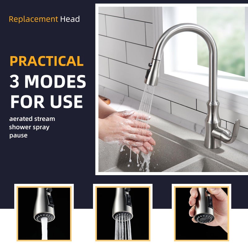 Angle Simple Kitchen Faucet Head Replacement, G 1/2 or 13/16 Inch Male Thread Connector, Tested to NSF/ANSI/CAN 61 & 372, Sink Faucet Sprayer Attachment, Stream Spray and Pause Mode, Brushed Nickel - Image 3